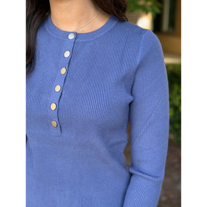 Grace and Lace Ribbed Henley Sweater - English Blue