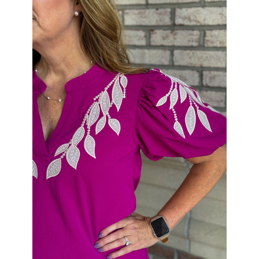 Leanne Puff Sleeve Embroidered Top - Magenta
