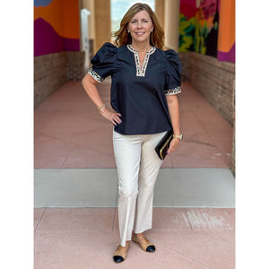 Angela V-Neck Top with Leopard Print Accents - Black