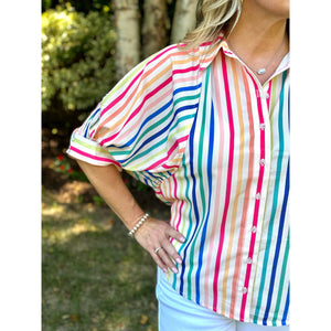 Lucy Stripe Button Down Half-Sleeve Blouse - Multicolor