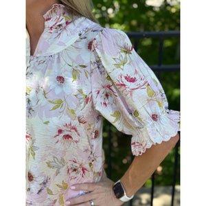 Landria Ruffle Collar Front Button Blouse - Pink Multi