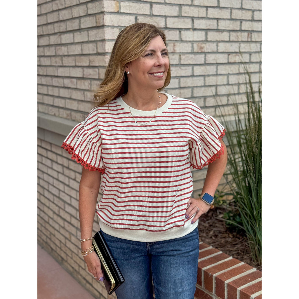 Hanna Striped Short Sleeve with Eyelet Detail Top - Terracotta/Ivory