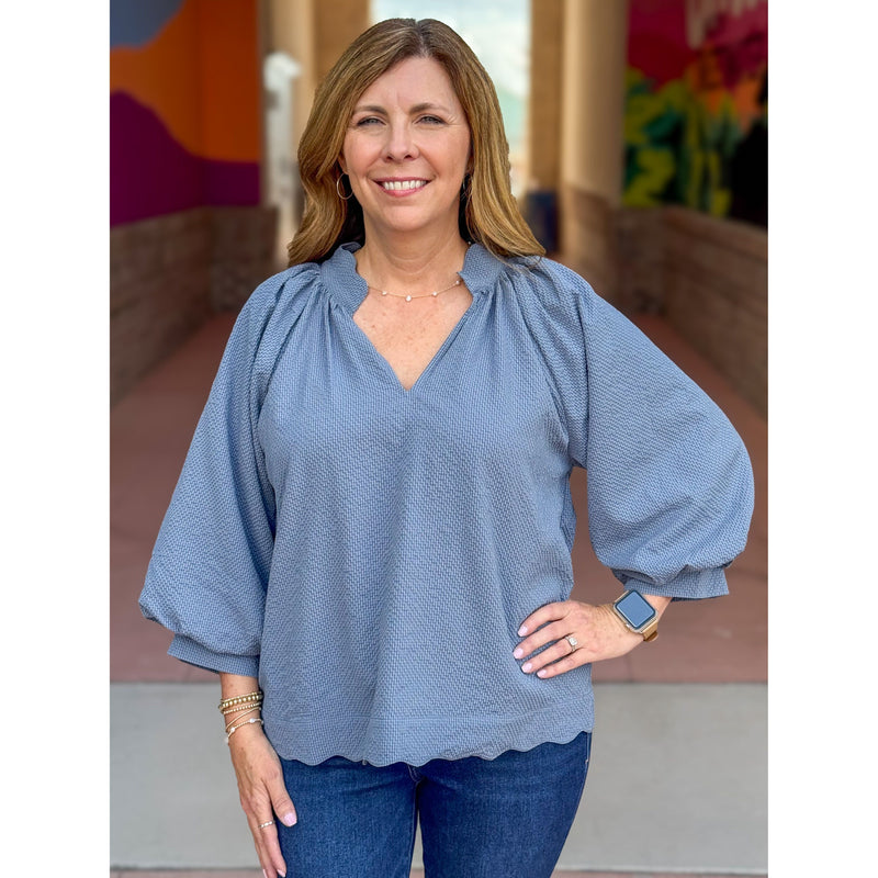 Gina Split V-Neck Textured Top - Steel Blue
