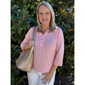 Wendy Waffle Knit Top with Henley Neckline - Blush