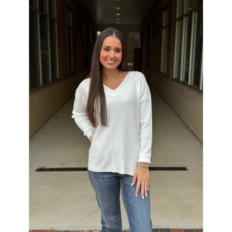 Meghan Soft Waffle V Neck Fine Gauge Sweater - Off White