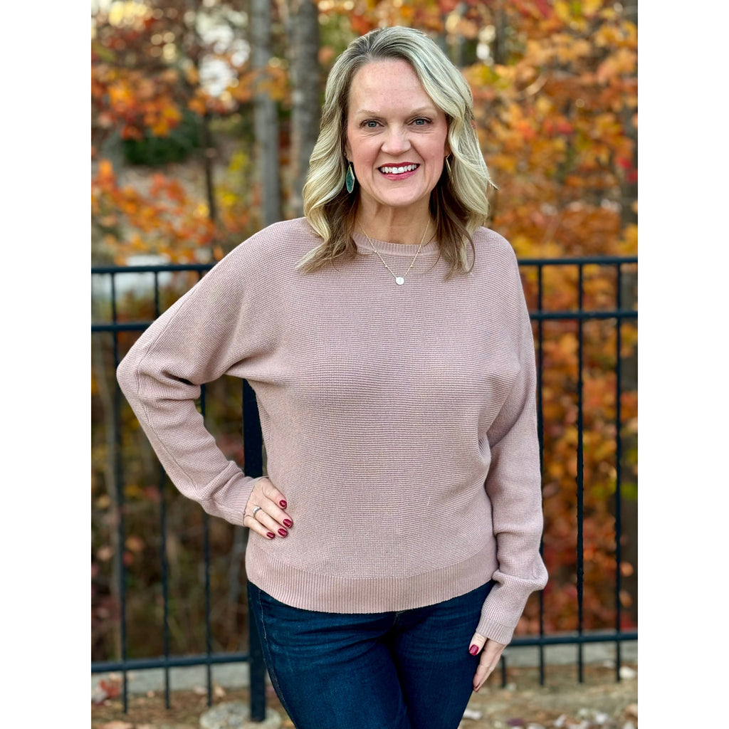 Darlene Mini Waffle Texture Dolman Sleeve Sweater - Dusty Rose