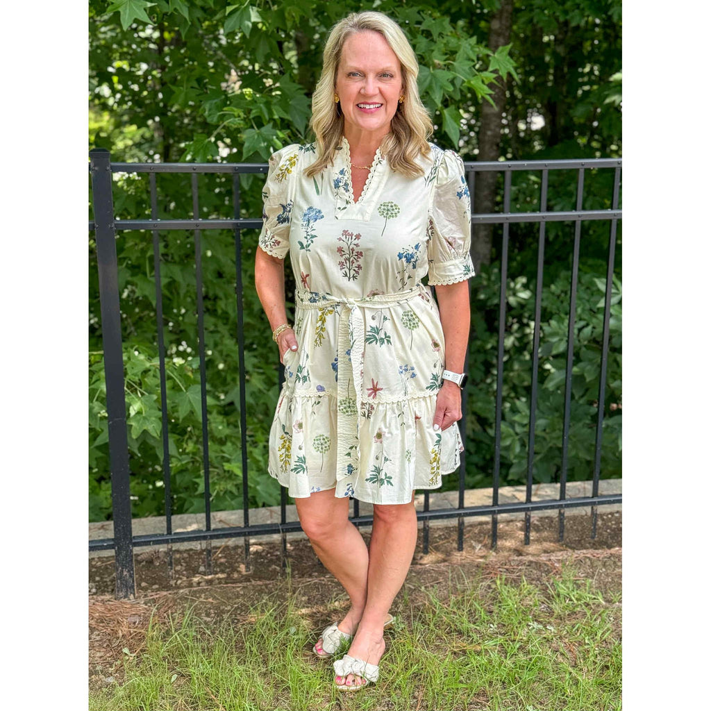Elly Floral Lace Trim Dress - Cream