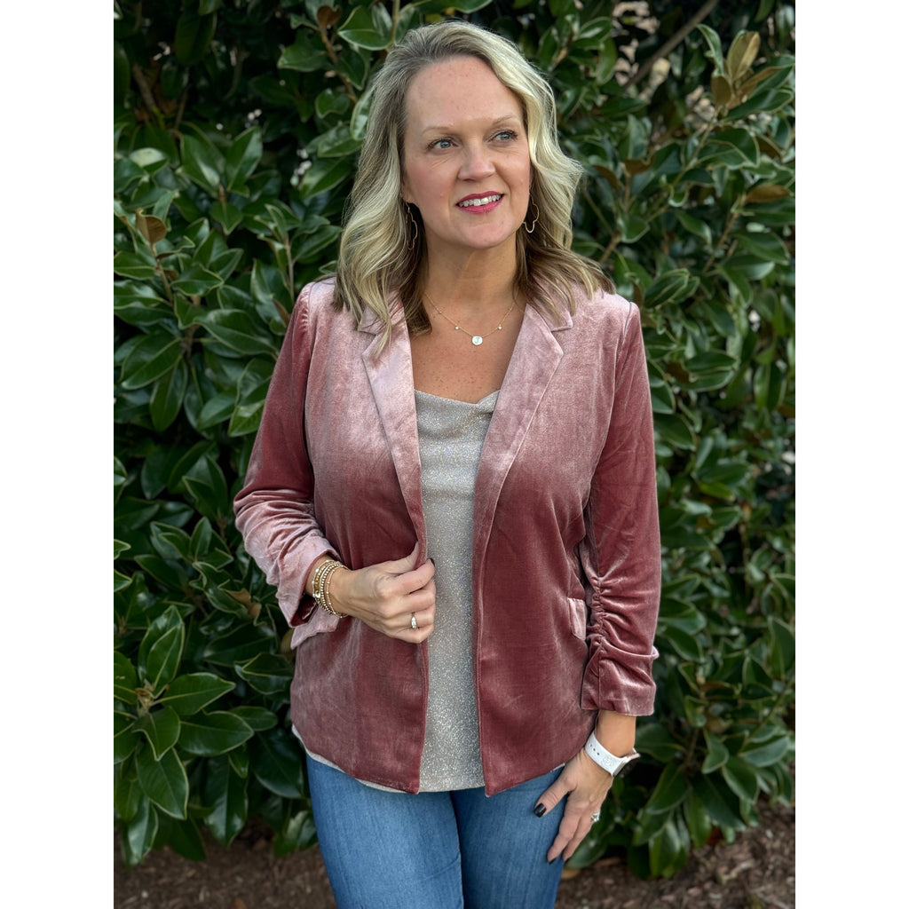 Harbor Ruched Sleeve Velvet Blazer - Mauve