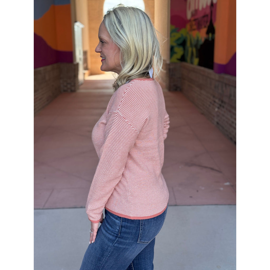 Lillie Waffle Textured Pinstripe Long Sleeve Sweater - Terracotta