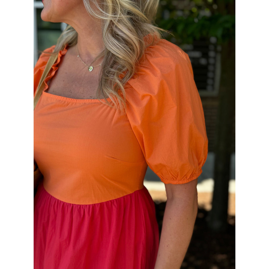 Citrus Colorblock Tiered Midi Dress - Orange/Red/Pink