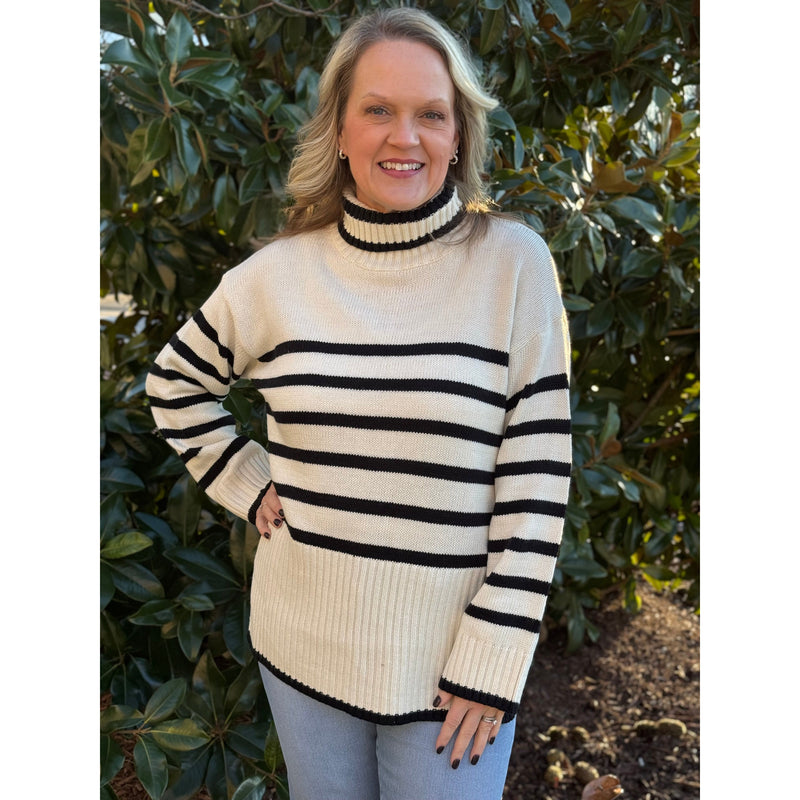 Lindley Stripe Turtleneck Knit Sweater - Natural