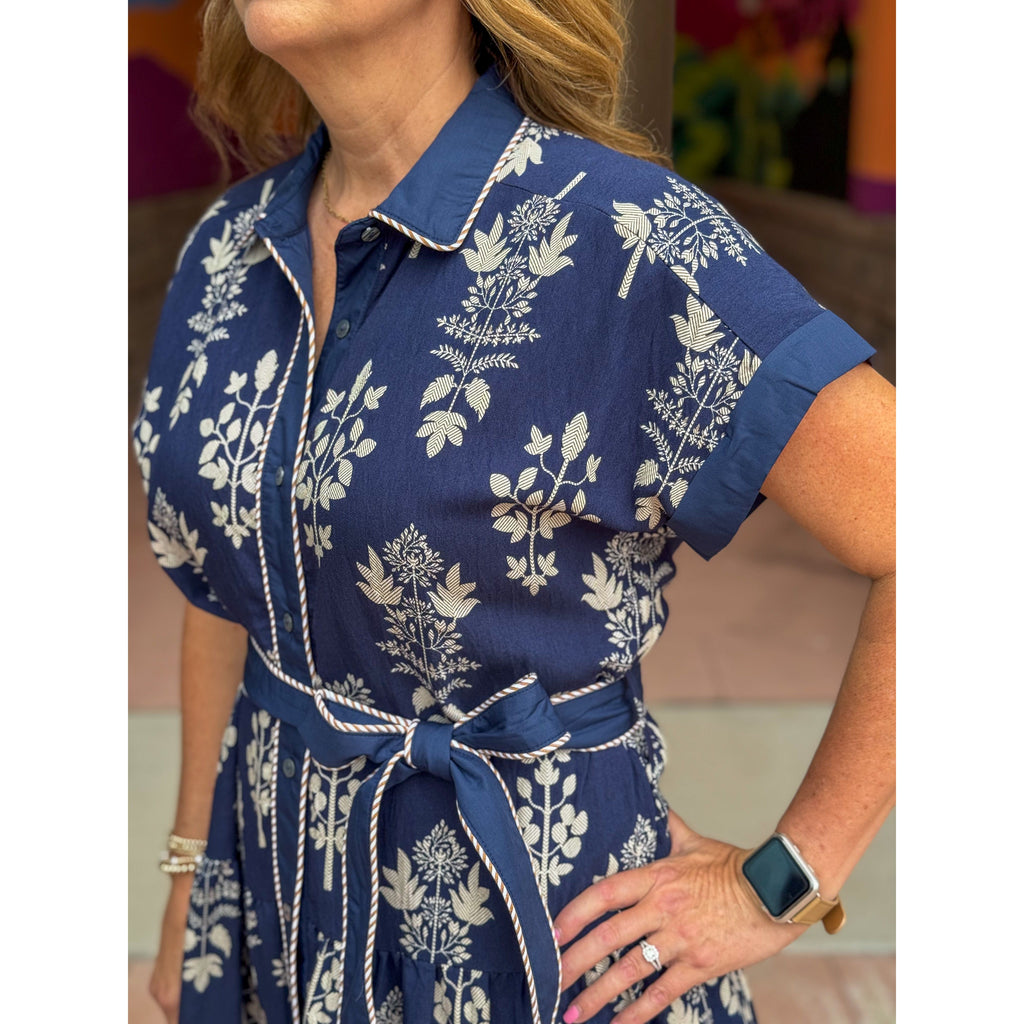 Rumi Botanical Pattern Faux Roll Up Sleeve Midi Dress - Navy