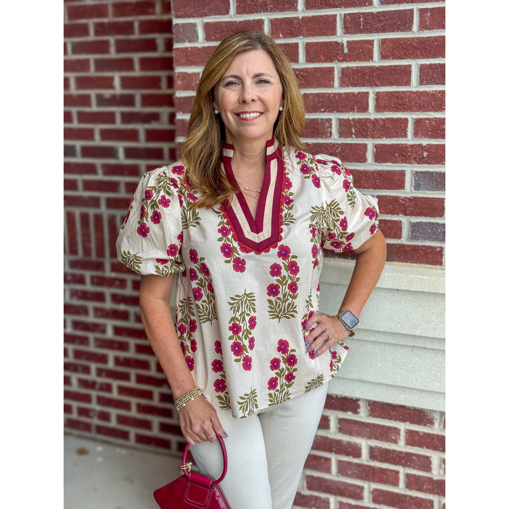 Sienna Floral Bubble Sleeve Top - Ecru