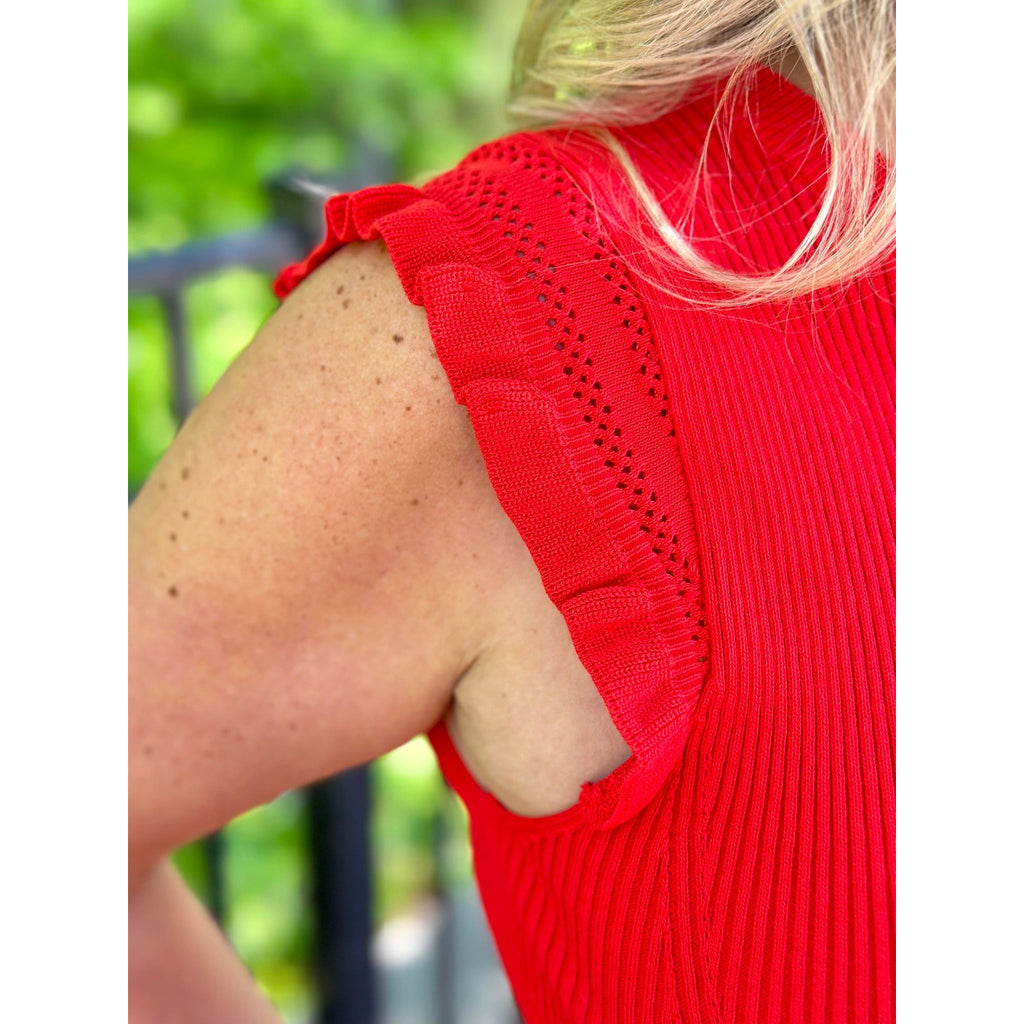 Marjorie Ruffle Sleeve Knit Detail Top - Poppy Red