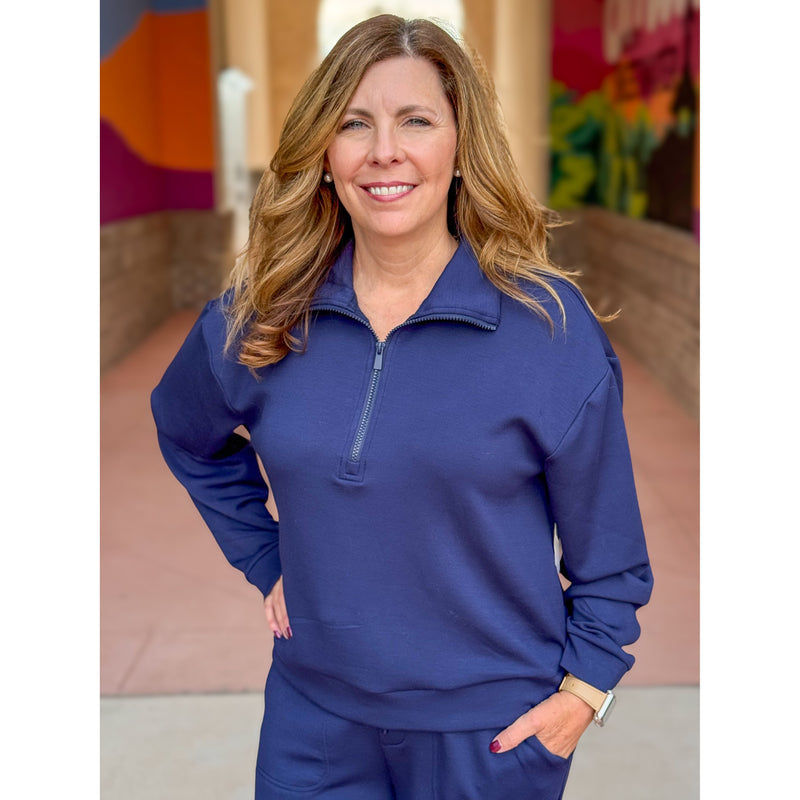 Liverpool Los Angeles Half Zip Popover Long Sleeve Top - Deep Midnight