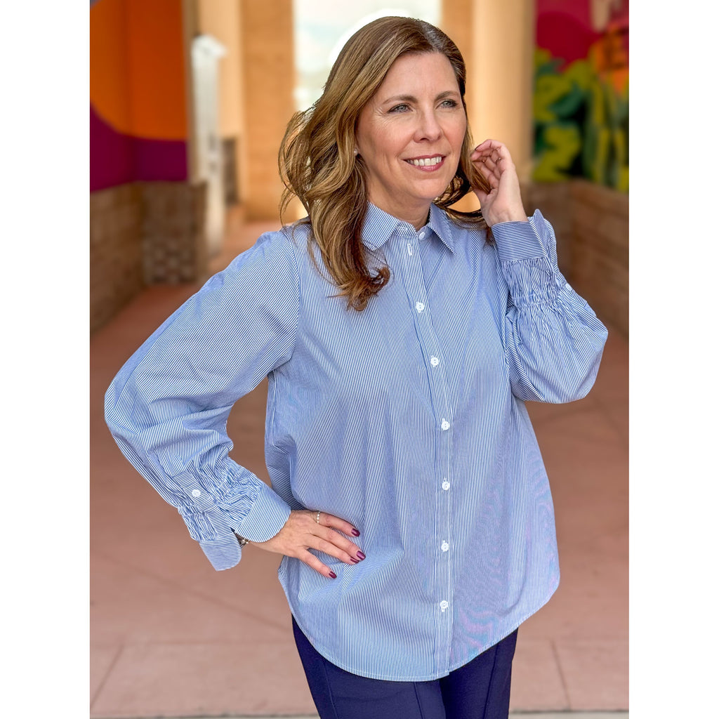 Liverpool Los Angeles Adjustable Sleeve Button Front Top - Blue/White Stripe