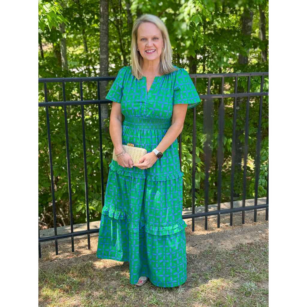 Palmer Poplin Tiered Maxi Dress - Green/Blue