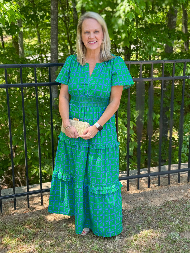 Palmer Poplin Tiered Maxi Dress - Green/Blue