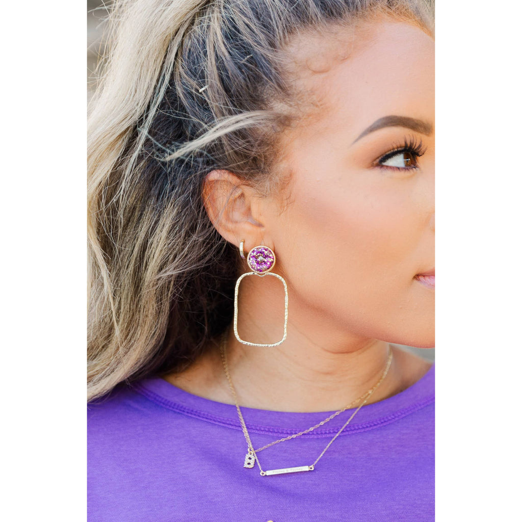 Taylor Shaye Gameday Sequin Sunburst Hoops - Purple/Gold