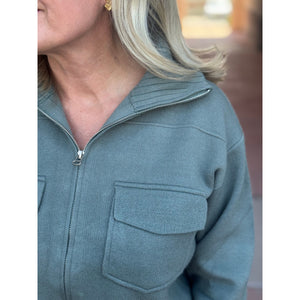 Gizelle Mock Neck Zipper Down Sweater Jacket - Dusty Jade