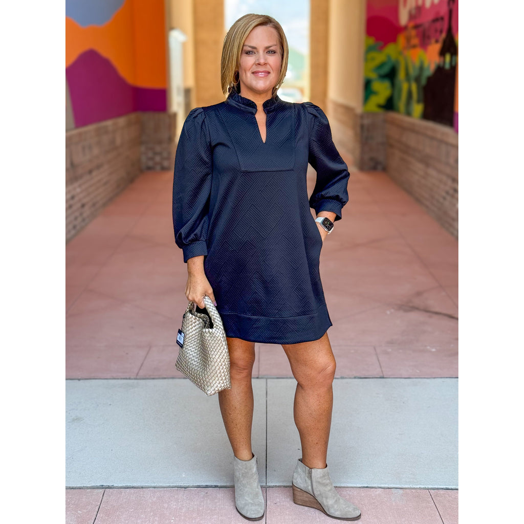 Mona Textured Dress with Frill Split V-Neck - Black