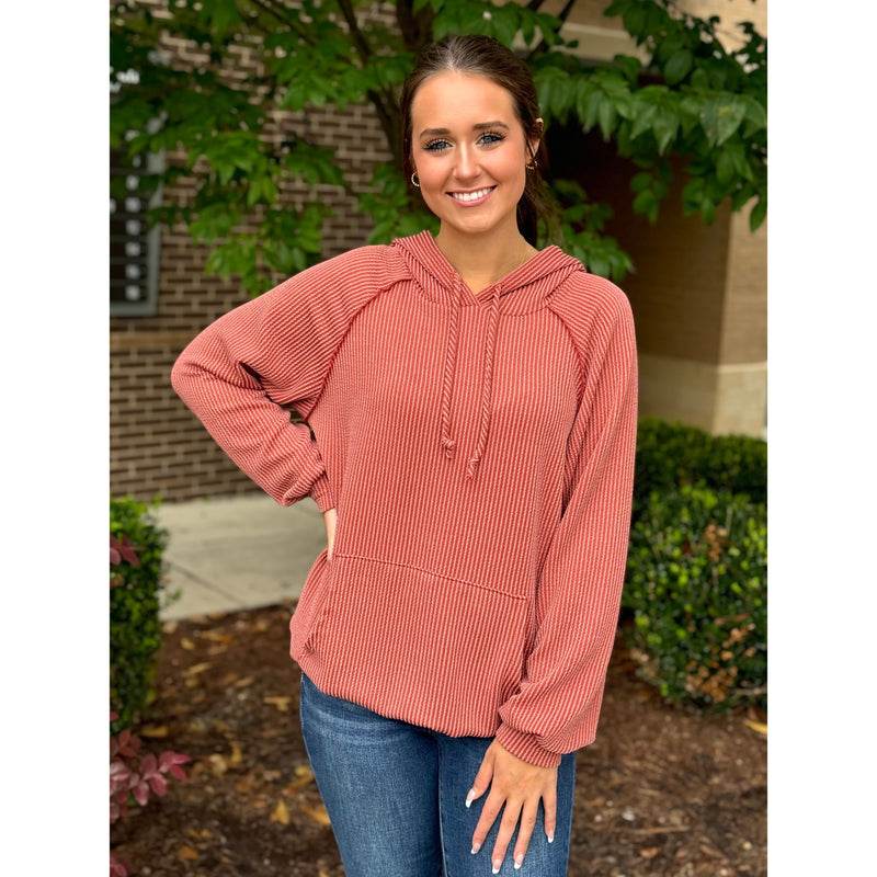 Britta Solid Long Puff Sleeve Ribbed Hoodie - Dark Cinnamon