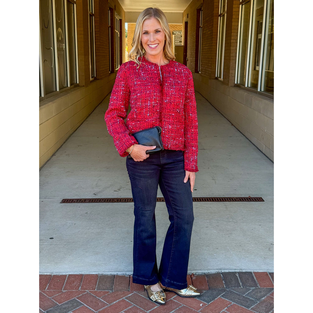 Liverpool Los Angeles Collarless Jacket with Frayed Edges - Red Multi Boucie