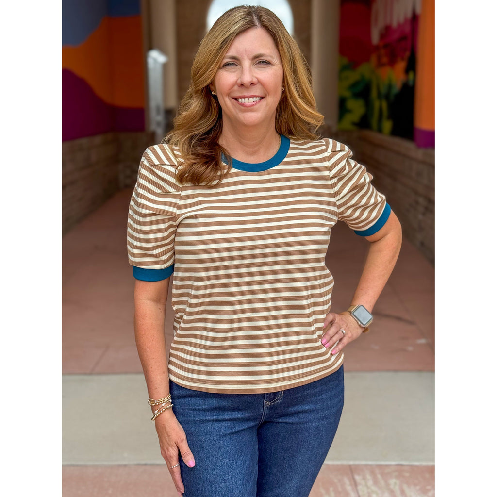 Michelle Striped Short Sleeve Top - Tan