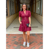 Betsy Solid Short Puff Sleeve Zip Front Mini Dress - Burgundy