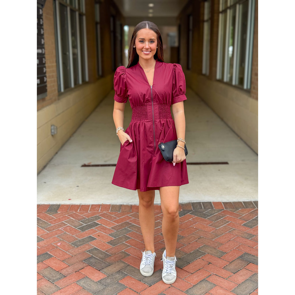 Betsy Solid Short Puff Sleeve Zip Front Mini Dress - Burgundy