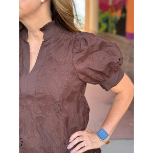 Marianne Embroidered Puff Sleeve Top - Brown