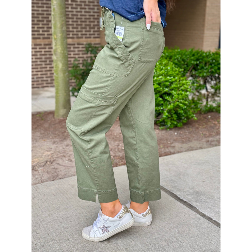 Democracy "Ab"solution Skyrise Relaxed Straight Leg Utility Pants Waist Tie - Forest Moss