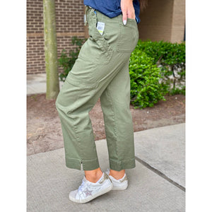 Democracy "Ab"solution Skyrise Relaxed Straight Leg Utility Pants Waist Tie - Forest Moss