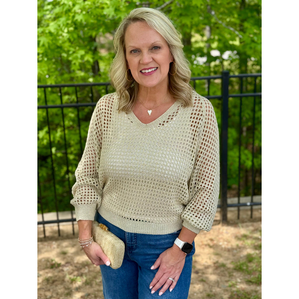 Taylor Long Sleeve Open Weave Foil Knit Sweater - Cream/Gold