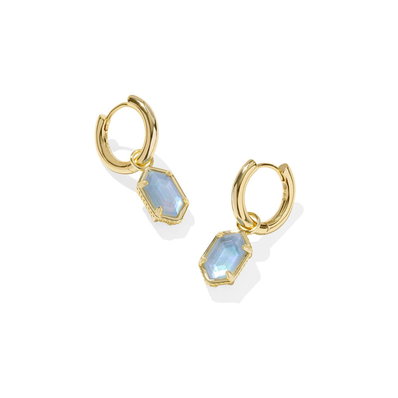 KENDRA SCOTT HALLIE HUGGIE EARRINGS GOLD SKY BLUE MOTHER OF PEARL