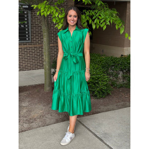 Gabriella Button Down Tiered Midi Dress - Green
