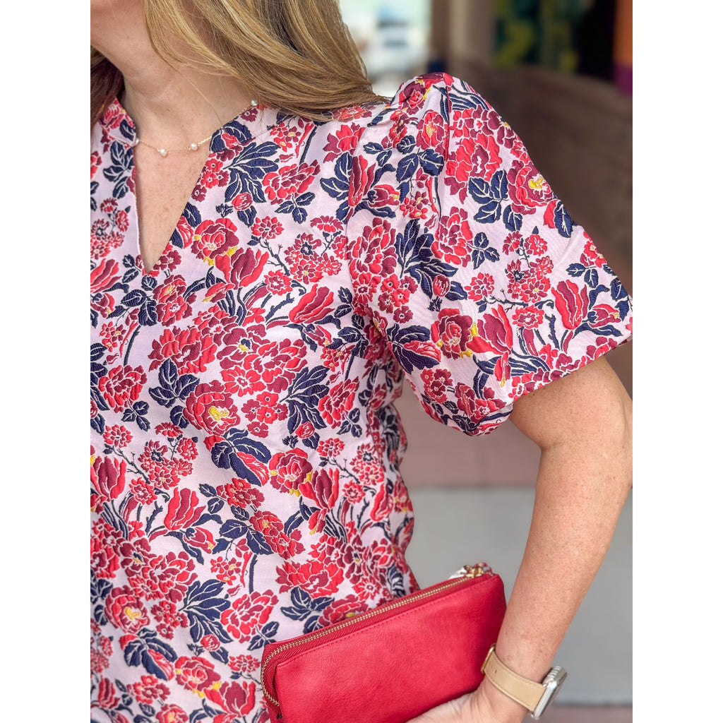 Bellamy Multi Color Floral Jacquard Top - Red