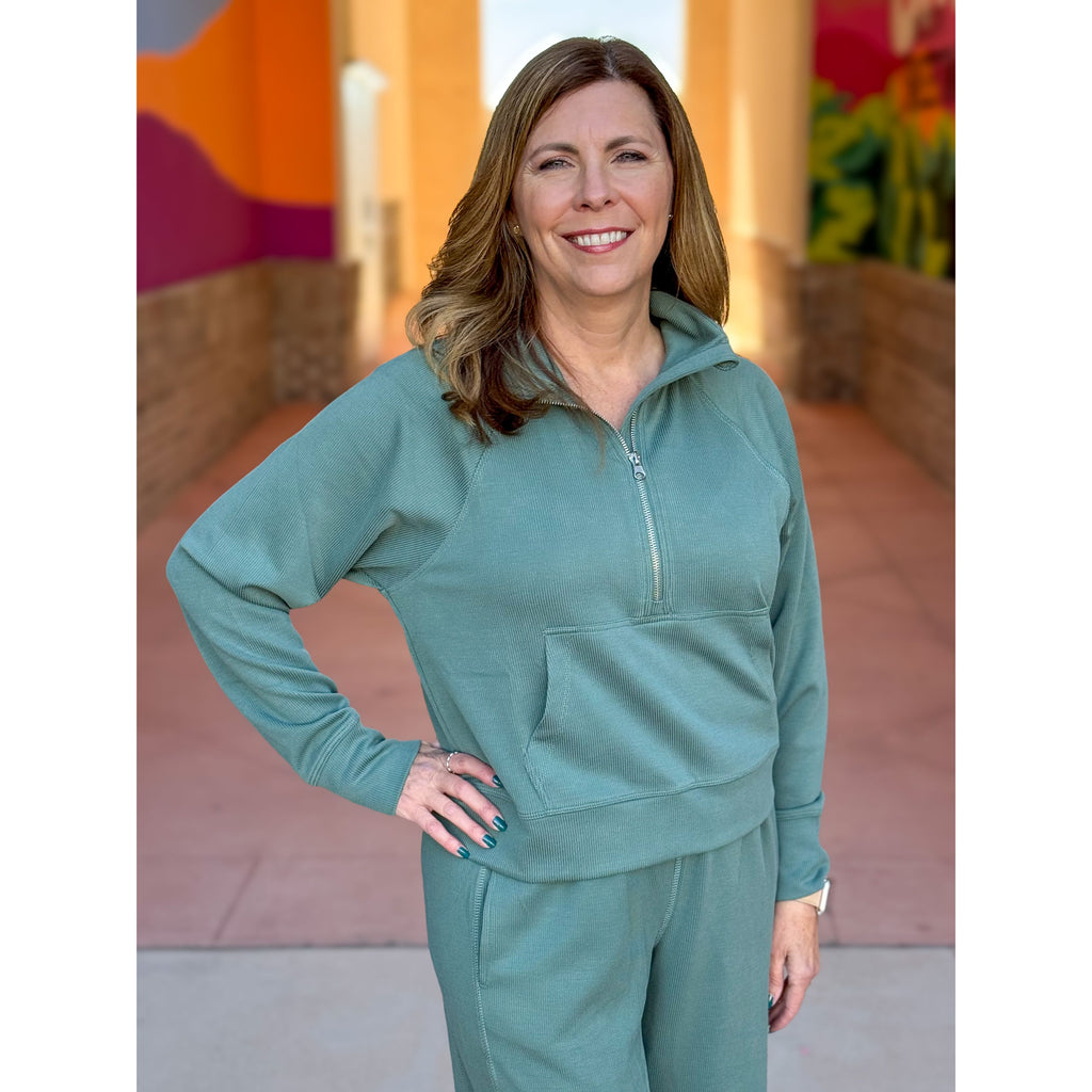 Janice Luxe Sand Wash Rib 1/4 Zip Top - Eldergreen