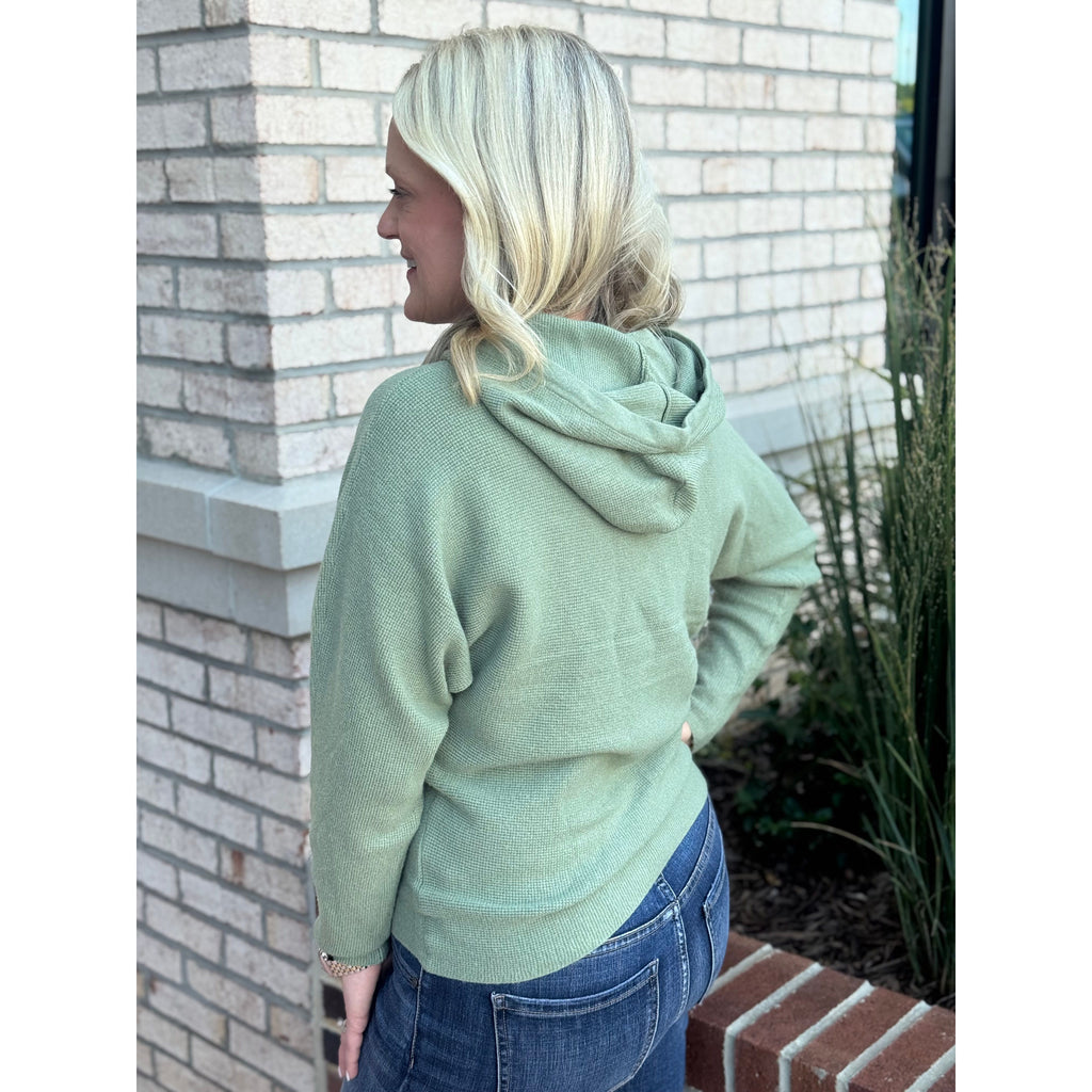 Darla Mini Waffle Texture Dolman Sleeve Hoodie Sweater - Dark Sage
