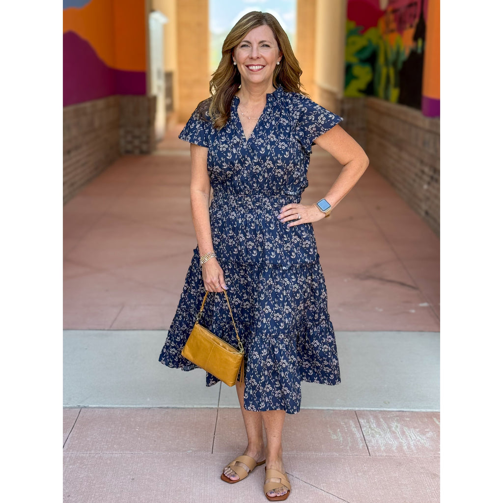 Brynn Floral Tiered Midi Dress - Navy