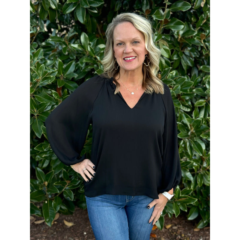 Sutton Ruffle V-Neck Long Balloon Sleeve Tunic Blouse - Black