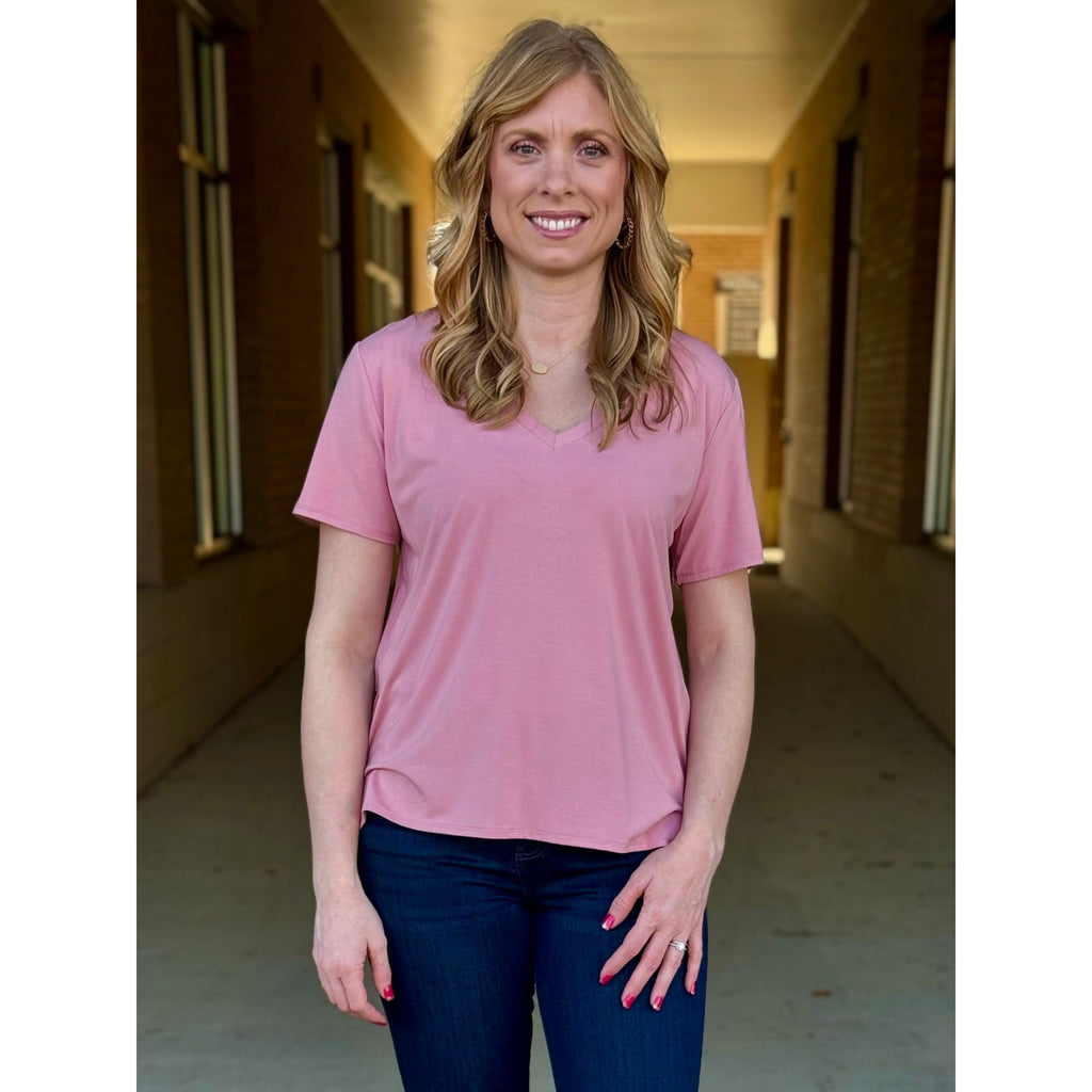 Maddy Ultra Soft Bamboo Basic V-Neck Tee - Dusty Rose
