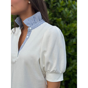 Laurel Striped Collar Puff Sleeve Polo Top - Off White