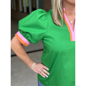 Lana Short Bubble Sleeve with Multicolor Band Blouse - Green