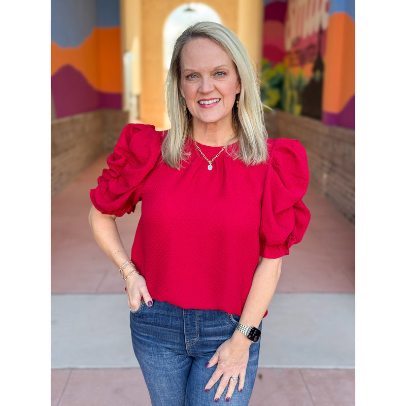 Ariana Puff Sleeve Textured Knit Top - Red