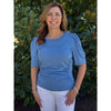 Democracy Pleated Elbow Sleeve- Scoop Neck Knit Top with Soutache Detail - Heather Provence Blue