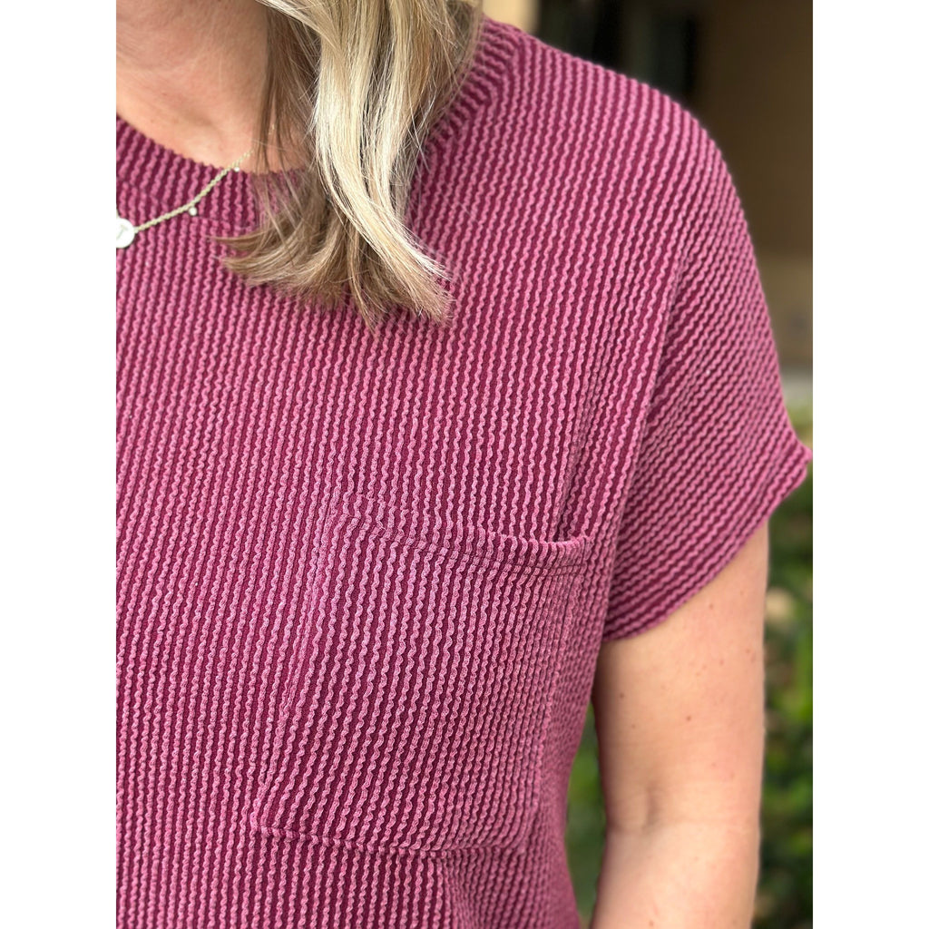 Jaiden Solid Ribbed Short Sleeve Top - Dark Wine