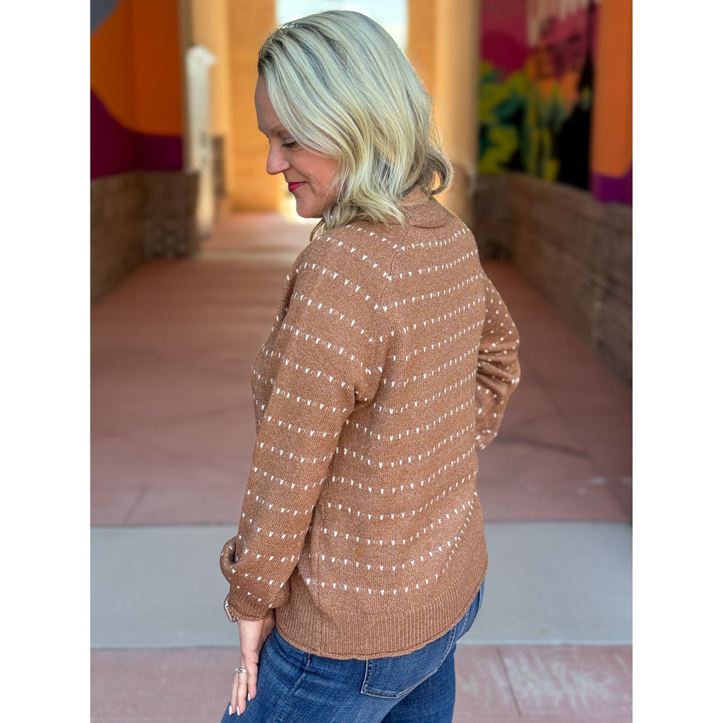 Angie Textured Striped Raglan Sleeve Pullover - Camel