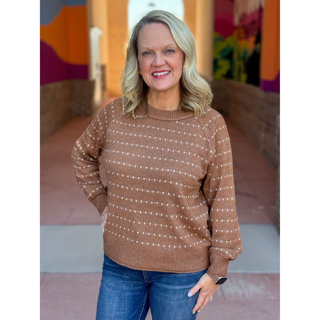 Angie Textured Striped Raglan Sleeve Pullover - Camel