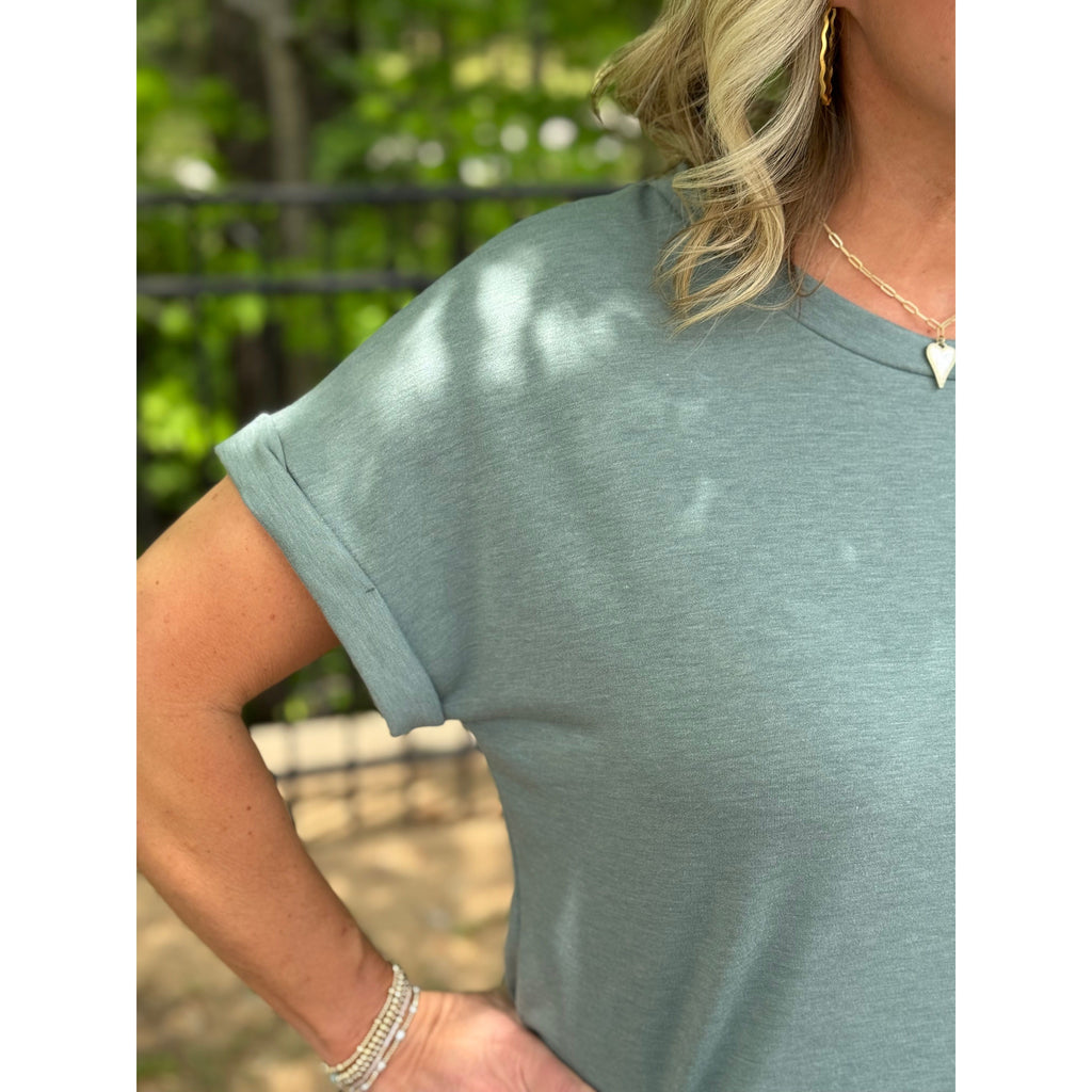 Terry Round Neck Short Sleeve Top - Dark Sage